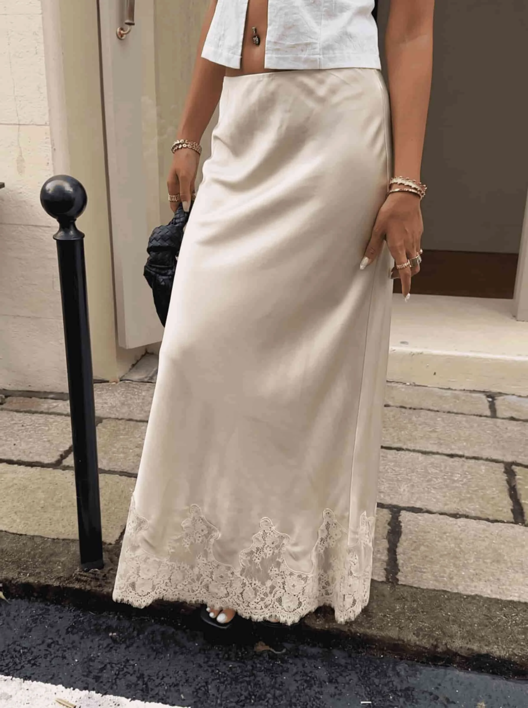 Women High Waist Lace Hem A Line Long Skirt Elegant Casual Vacation Streetwear Ladies Flowy Bottoms