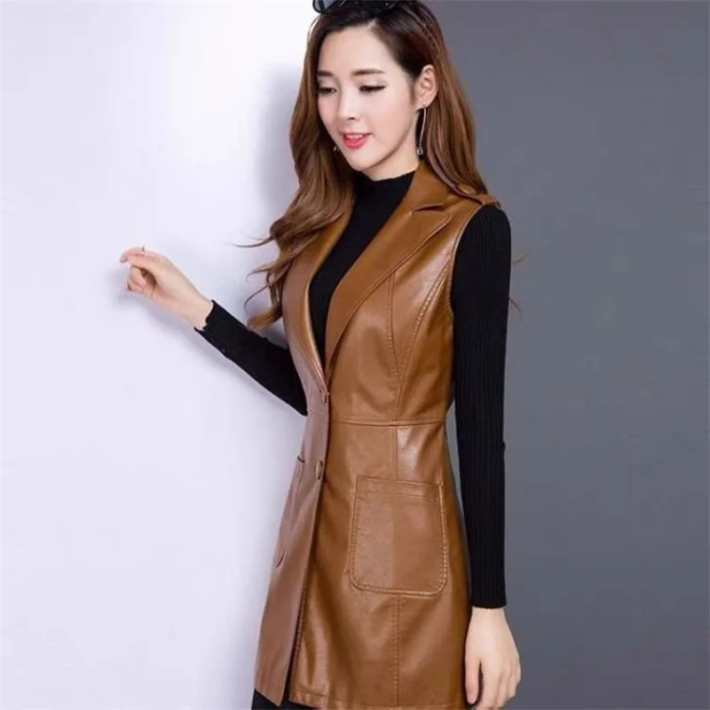 Vest Coat Women's PU Leather Jacket Waistcoat Long 2024 Suit Vest Sleeveless Women Cardigan Suit Vest Outcoat Black