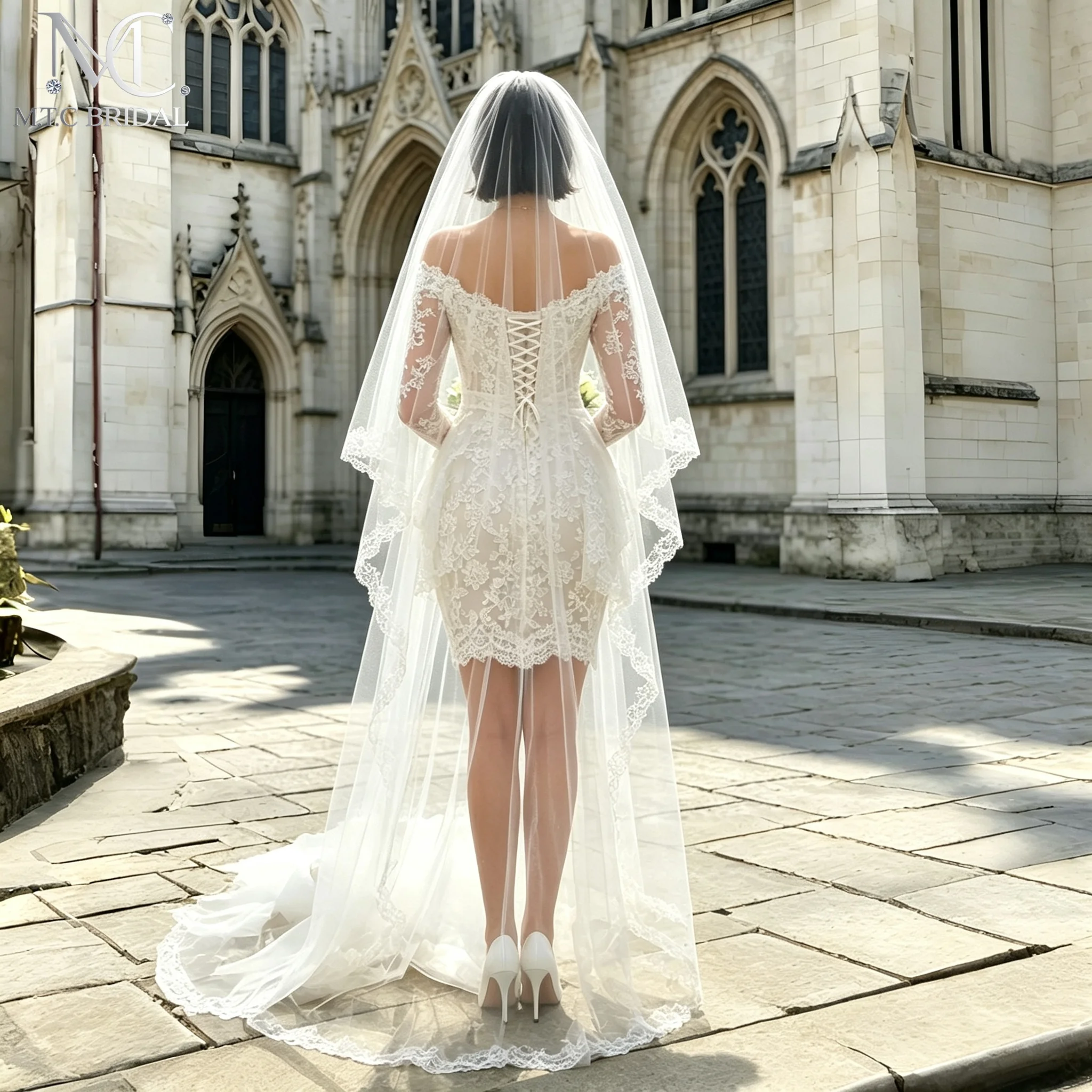 Long Sleeve Off Shoulder Short Wedding Dress Lace Sheath Mini Bridal Dress Lace Up Back Reception Robe Vestido De Novia Custom