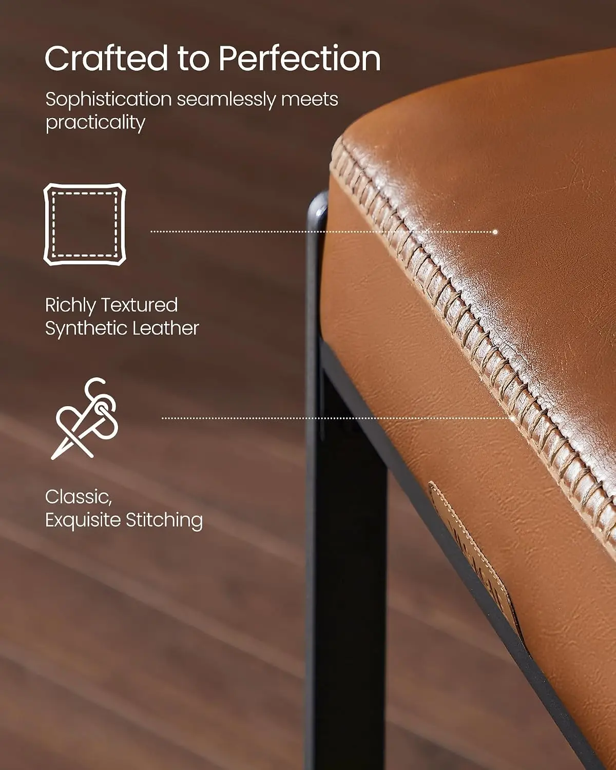 Synthetic Leather Bar Stools Set Of 2, 26 Inch Counter Height Barstools With Stitching, Mid Century Modern Bar Chairs For Kitchen Island, Home Bar, Dining Room, Caramel Brown view 3