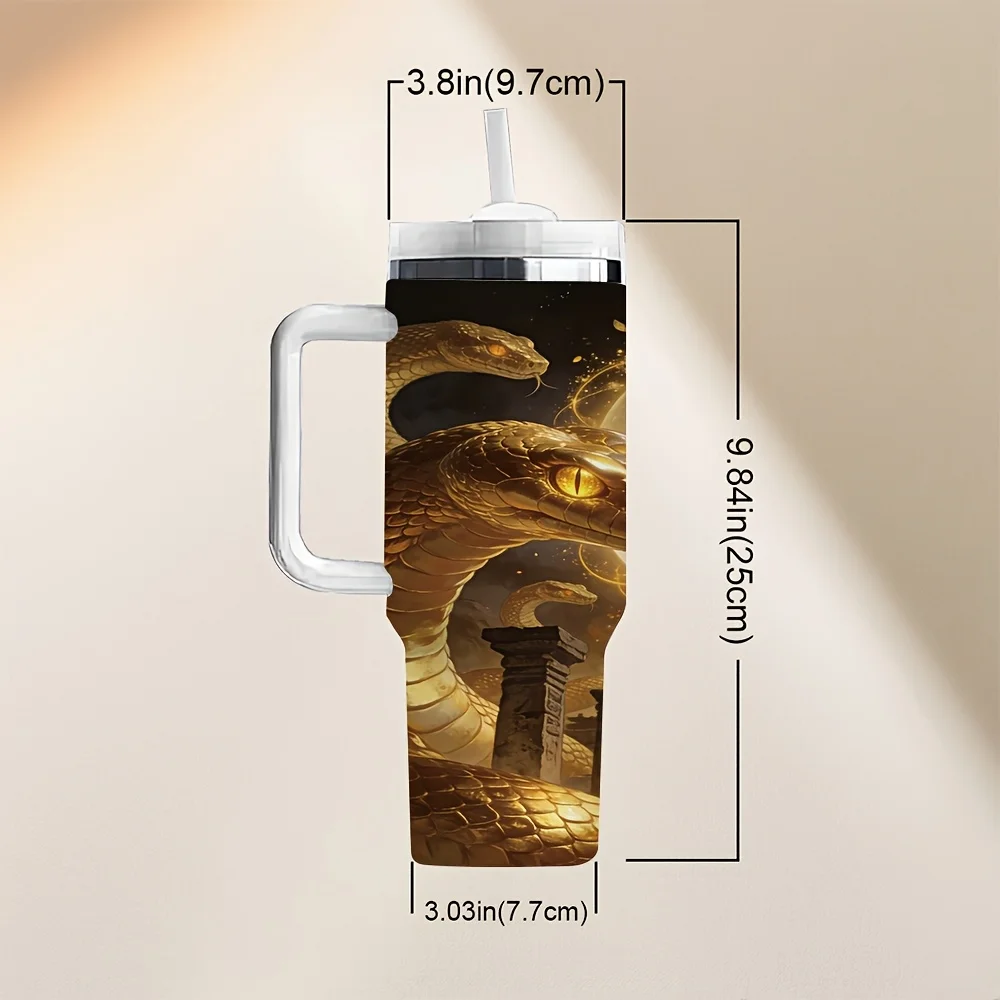 Golden Snakes Under Full Moon Ancient Ruins Print Portable Insulated Travel Tumbler with Comfortable Handle And Reusable Straw