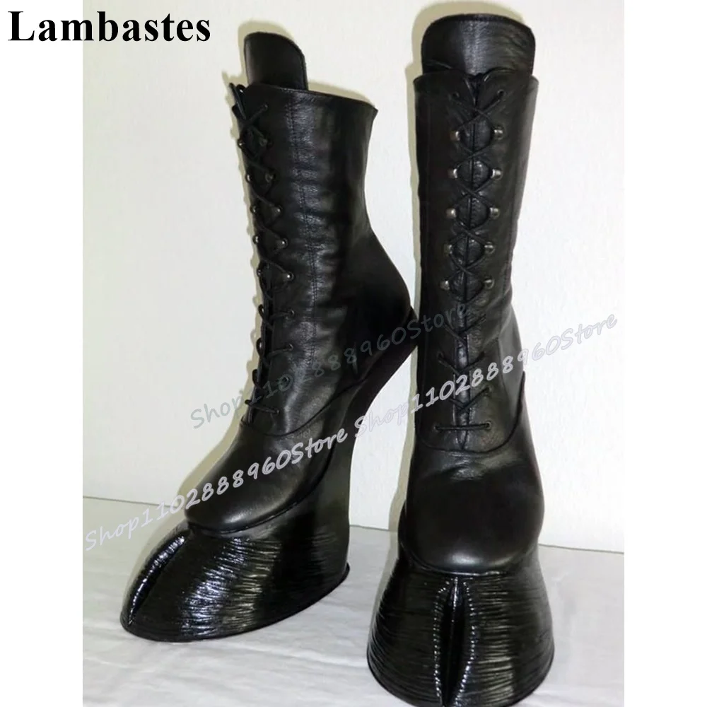 Botas hipocrepiformes de cuero negro a media pantorrilla, zapatos de tacón de estilo extraño para mujer, botas de fiesta de estilo Occidental atadas cruzadas para mujer