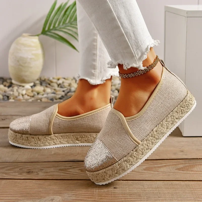 Leisure Women's Weave Loafers Non Slip Flat Round Toe Breathable Slip on Ladies Flats Women Thick Platform Lazy Canvas Shoes