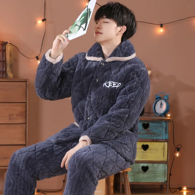 2023 New Pajamas Men's Winter Sandwich Cotton Three-layer Loungewear Thickened Flannel Sleepwear Warm Teen Homewear Set