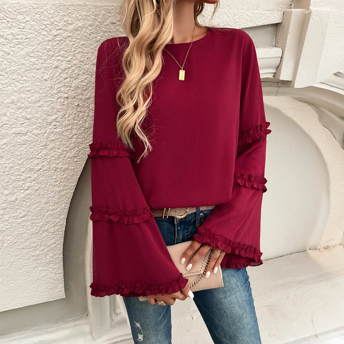 Women's Solid Color Loose Trumpet Long Sleeved Top with Elegant Temperament Socialite Autumn 2024