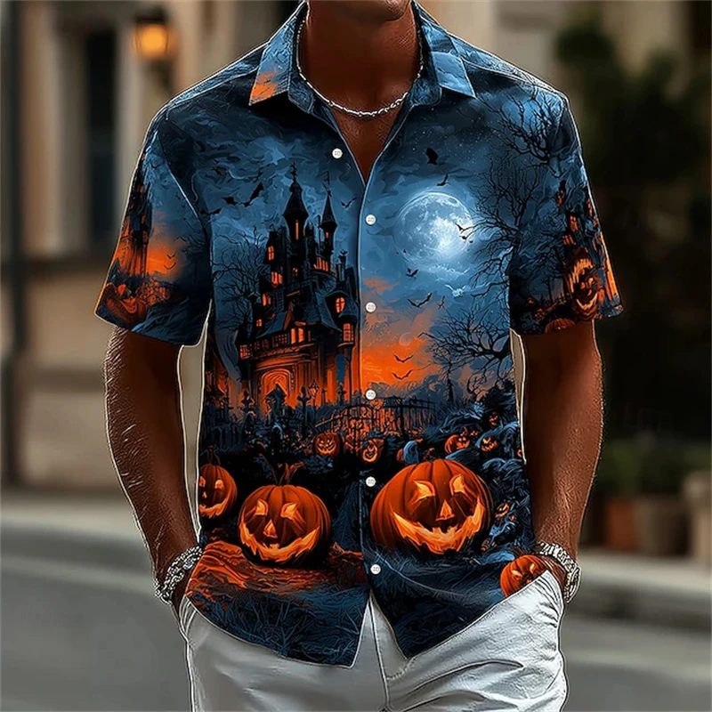 

Men's Halloween Shirt Castle Pumpkin Bat Element Halloween Costume Festival Shirt Lapel Button Fashion T-shirt Printed Shirt