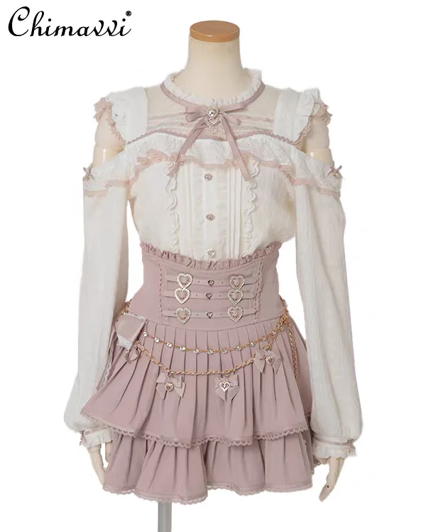 Liz Japanese Sweet Cute Shirt Spring Cute Girl Elegant Princess Mass-Produced Lolita Lace Patchwork Off-Shoulder Blouse Top