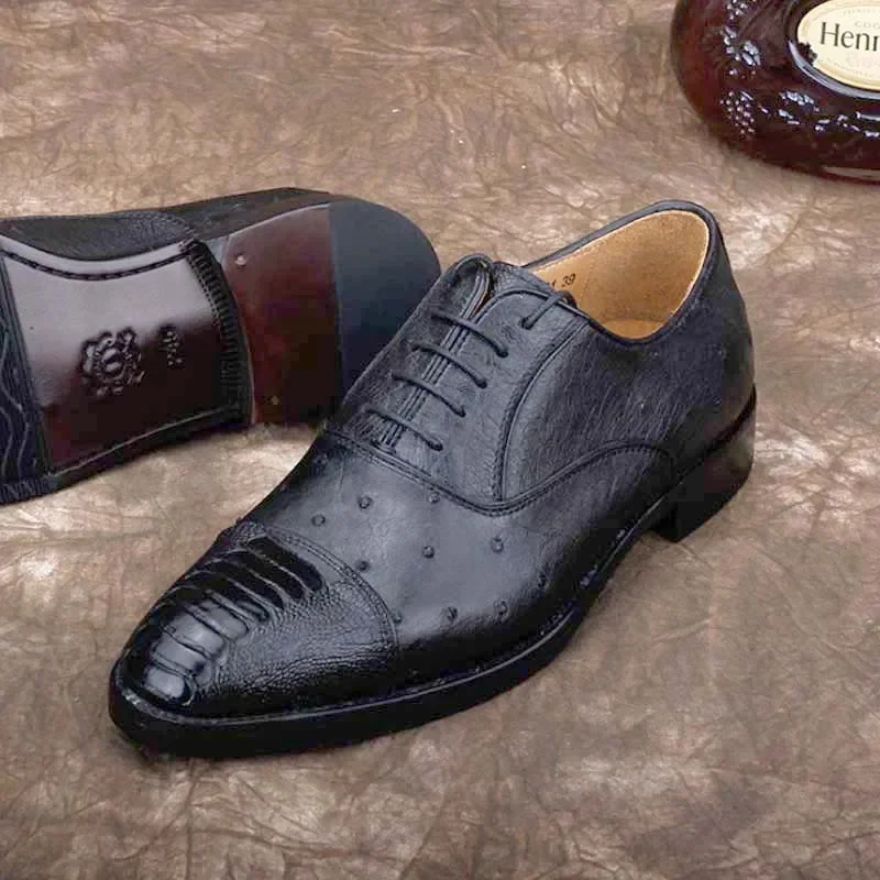 ourui ostrich skin men's business formal leather shoes leather lace-up single shoes man black men dress shoes