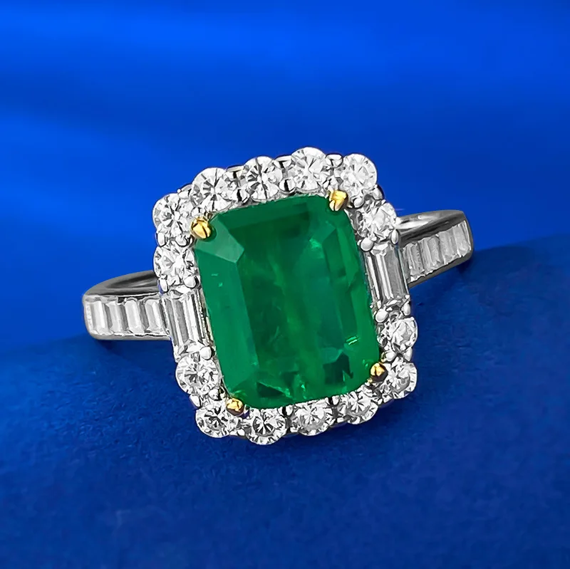 New S925 silver imitation Emerald 2-carat group full diamond ring for women 7 * 9 European and American fashion