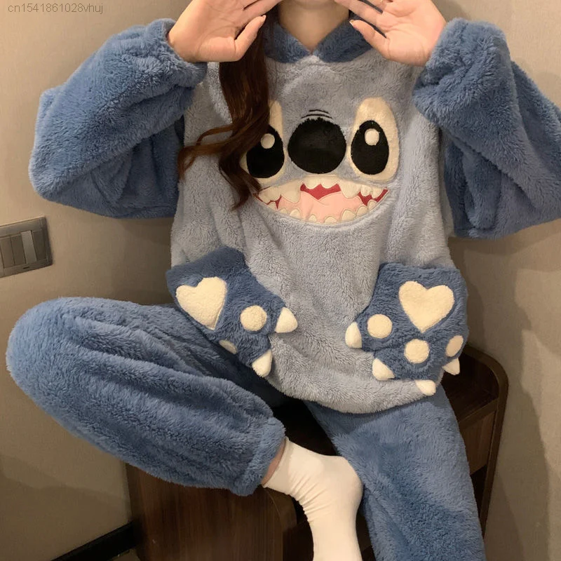 Disney Stitch Hooded Pjs Pajamas For Women Winter 2023 New Coral Velvet Cute Anime Thickened Homewear Set Y 2k Sleepwear Girls