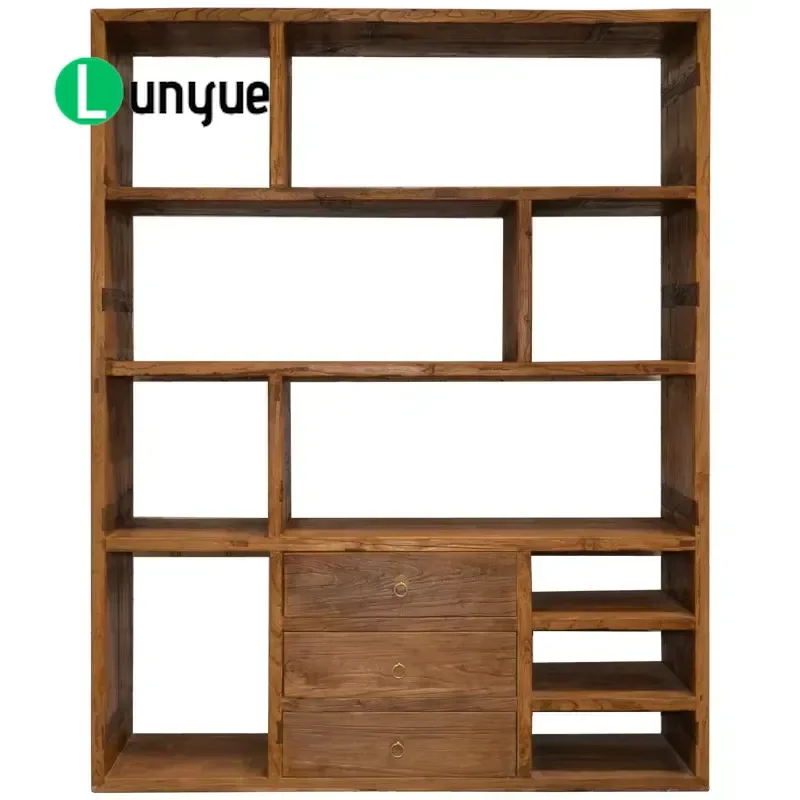 Chinese Antique Tall Recycled Wood Bookcase Natural Display Shelf Living Room Furniture Wholesale Storage Rack Home Decor