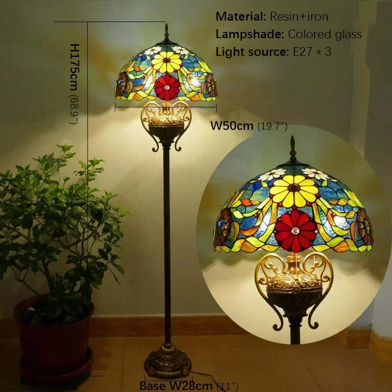 Candeeiro de pé Tiff Americano Retro Sala de estar Quarto Lâmpada País Candeeiro de pé em vitral