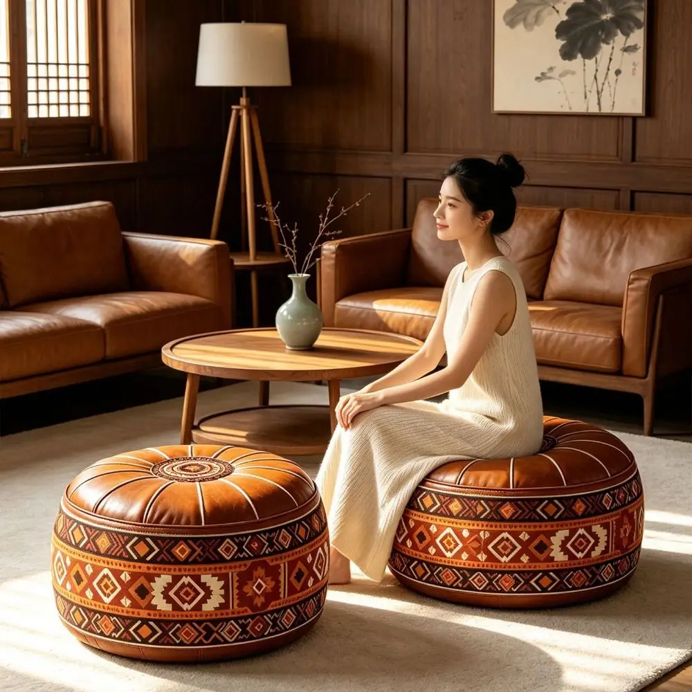 PU Leather Fillable Ottoman Pouf Round Shape Embroidered Pattern Round Pouf Cover Moroccan Style Floor Seat Cushion Living Room