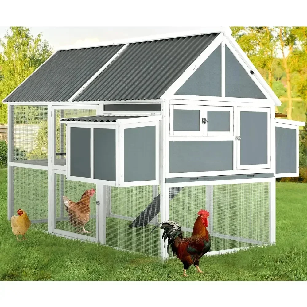 

84” Large Chicken Coop, Outdoor Wooden Hen House Poultry Cage for 8-10 Chickens Walk in Chicken House with Run