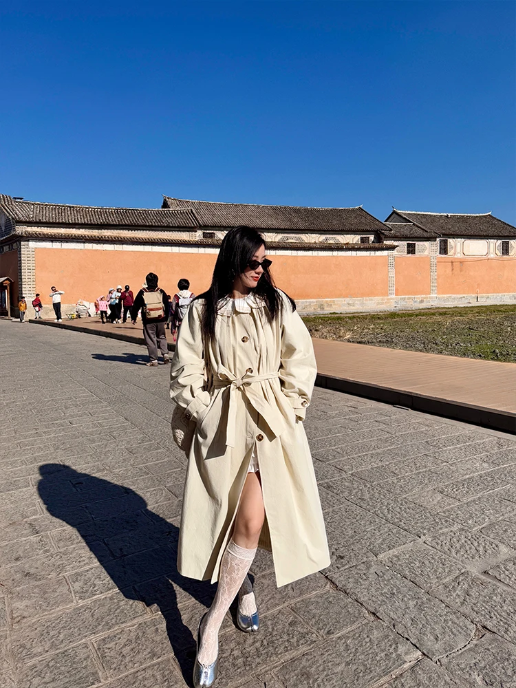 

Heidy Long Pleated Loose Lazy Sle Women's Coat 2025 Silhouette Waist Adjustable Outerwear Briti Sle Commute Faion