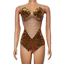 Flashing Sequins Pearls Sexy See Through Mini Sheath Bodysuit Evening Party Celebrate Costume Dancer Prom Photoshoot  Wear