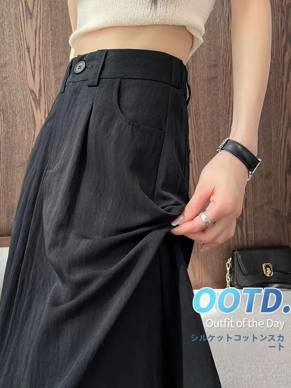 High Waist A-Line  Skirt Women's Summer plus Size Thinming Thin Style Versatile Mid-Length Skirt Korean Version Cool Feeling