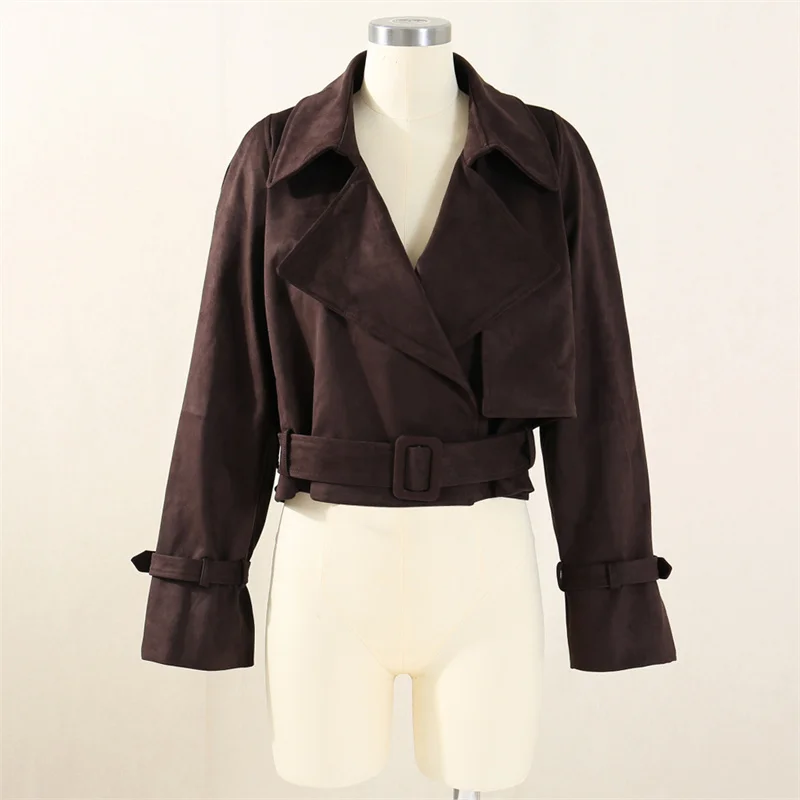 

Women's jacket New autumn 2025 waist belt slim fit lapel long sleeved top Imitation suede women's coat y2k Women's trench coat