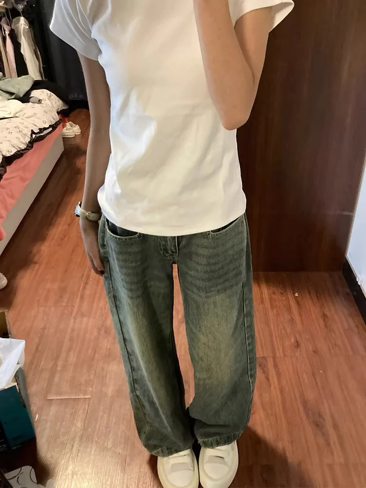 

Американские ретро-джинсы с эффектом потертости, прямые, женские, тонкие, с высокой талией, свободные, широкие, длинные брюки, повседневные летние джинсы