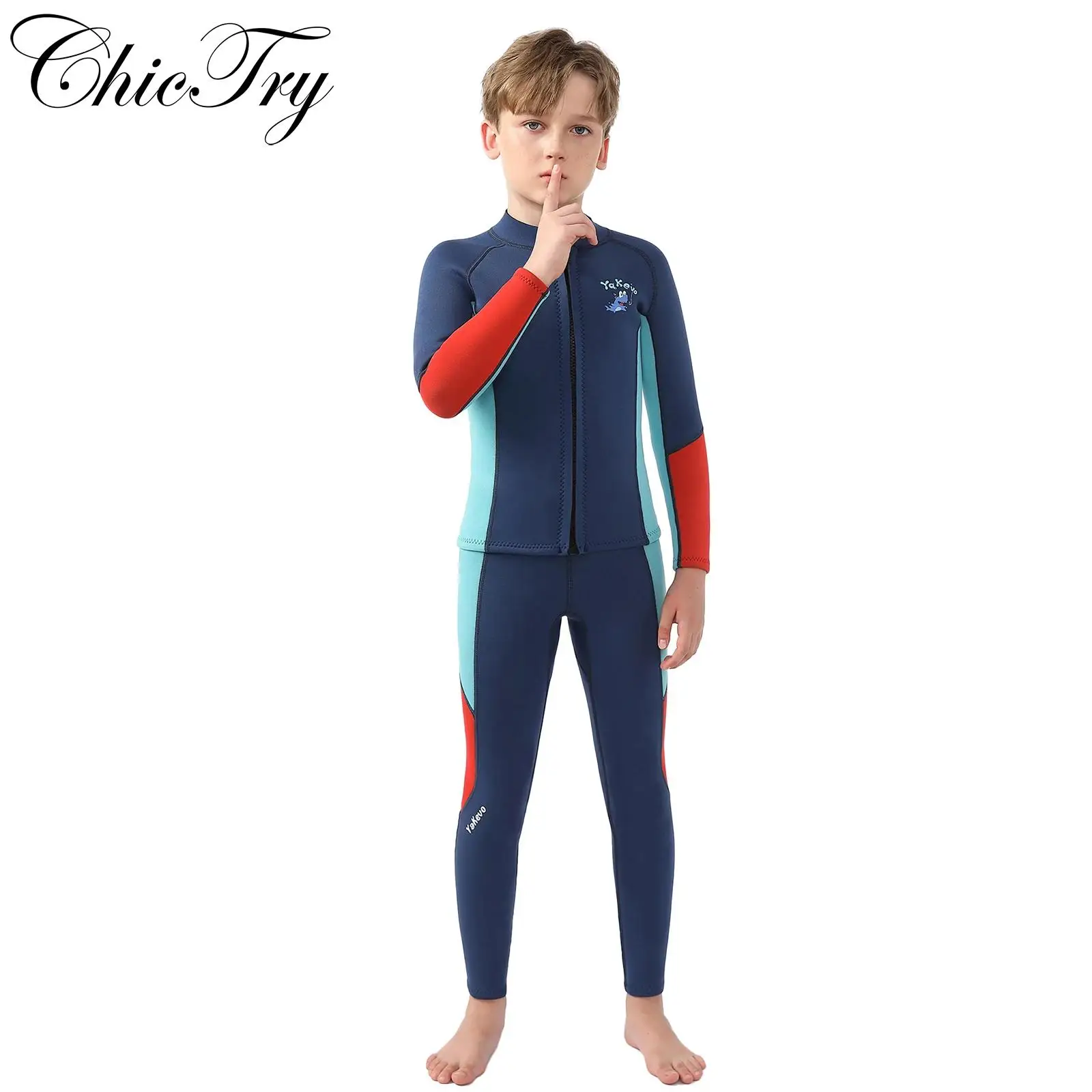 

2Pcs Boys Swim Sets 2.5mm Neoprene Thermal Swimsuit Long Sleeves Front Zipper Swim Tops and Pants Swim Rash Guard Surfing Diving