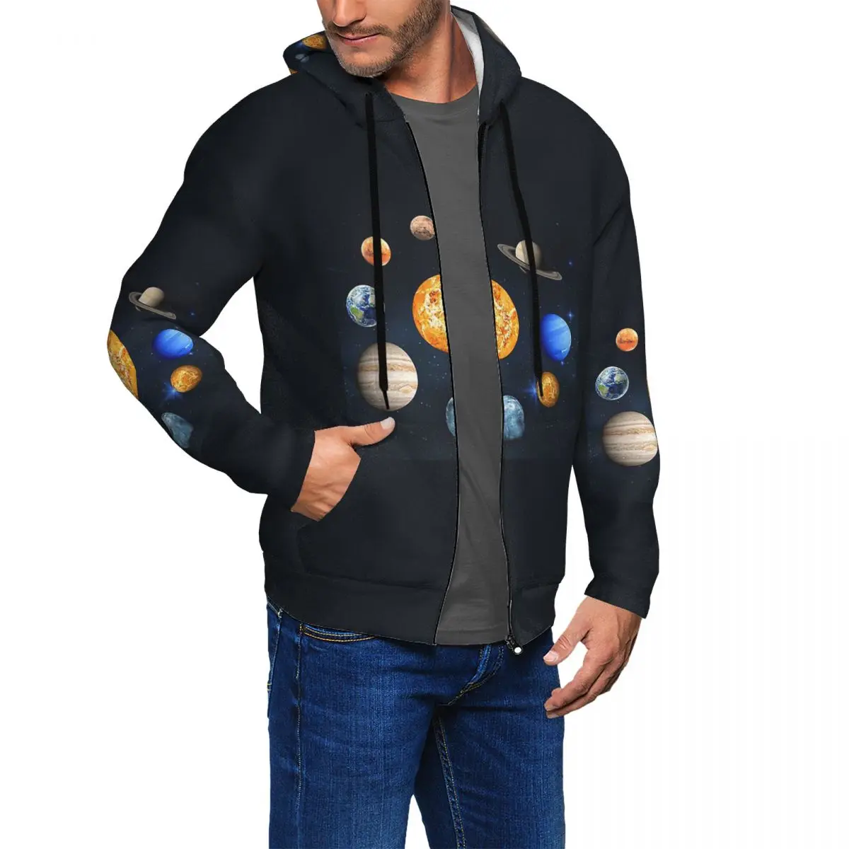 Solar System Space Planets Universe Zipper Hoodie Harajuku Pullover Autumn Winter Men Women Sweatshirt Long Sleeve Tops