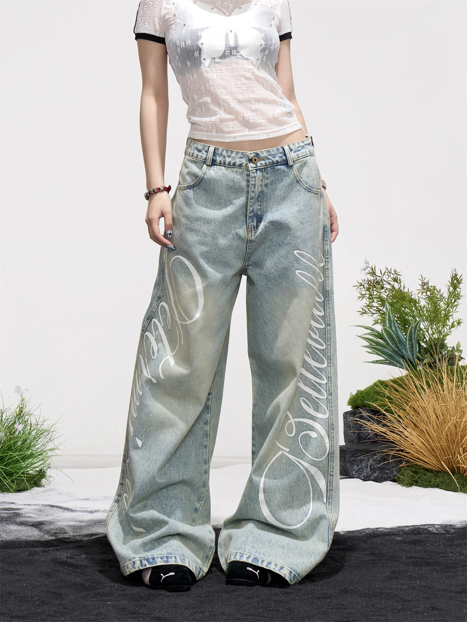 

Женские джинсы Waed в американском ретро-стиле, повседневные, широкие, с принтом, длинные, стройнящие, универсальные, удобные, свободного кроя