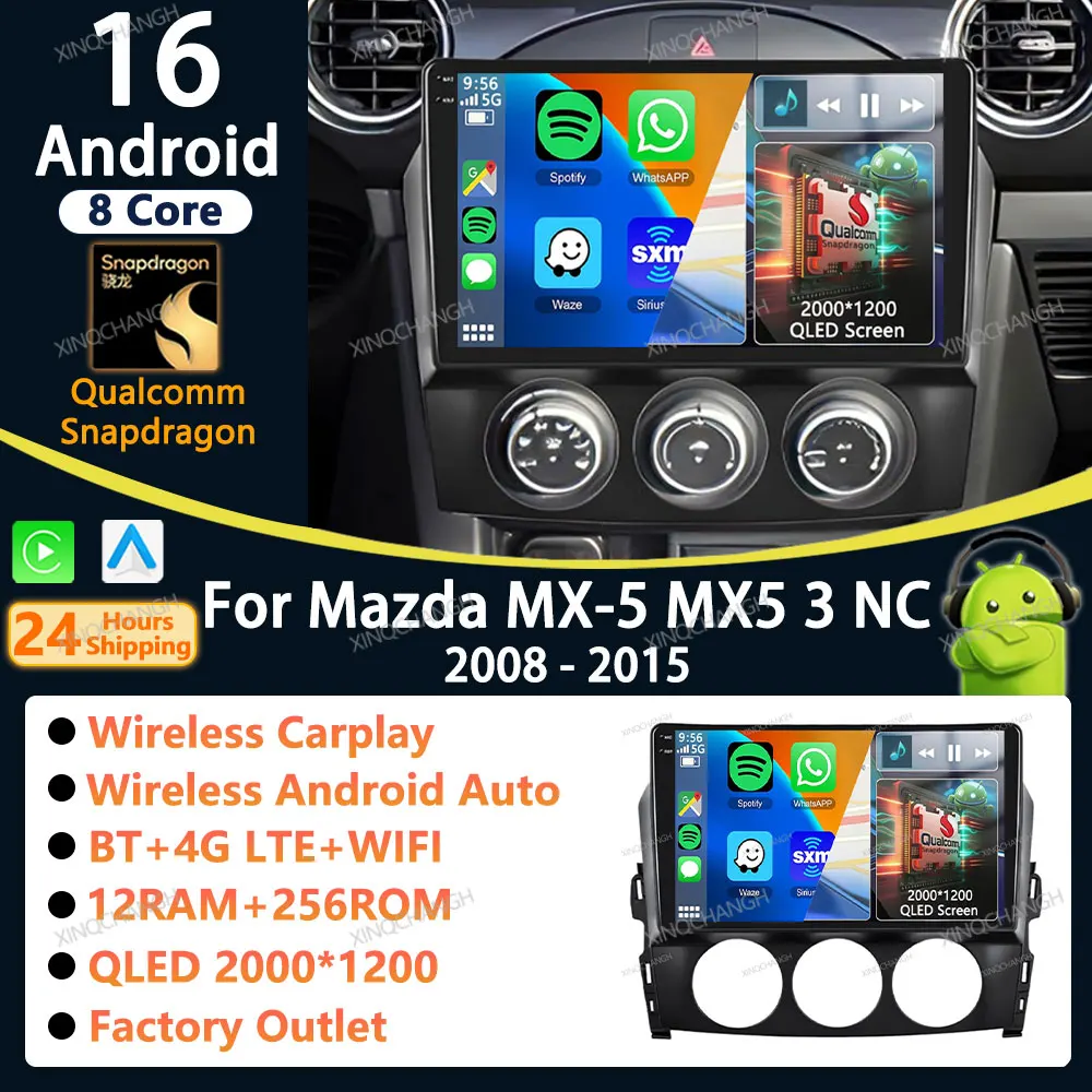 Radio para Auto Android 16 con Carplay para Mazda MX-5 MX5 III 3 NC 2008-2015, Reproductor Estéreo con Pantalla de Video 2 DIN, Panel de Audio