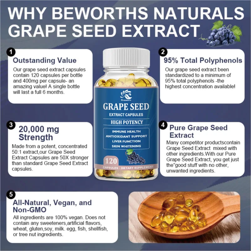 Grape Seed Extract Capsules - Antioxidants Supplement - 1 Grapeseed Capsule (150mg) per Serving, Vegan & Gluten Free