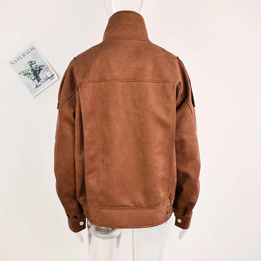 Vintage-Jacke aus massivem Kunstwildleder mit Reißverschluss für Damen, modisch, elastische Taille, Taschen, Reverskragen, locker geschnittener Mantel, Damen-Alltags-Street-Outfit. – Detail 26