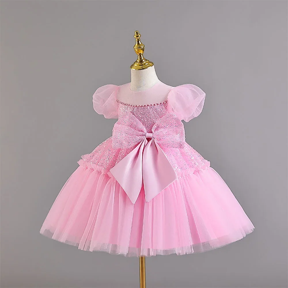 Sequined Tulle Baby Dresses For 1 Year Birthday Party Beading Pink Toddler Girl Clothes Summer Kid's Party Dress Ball Gown Frock