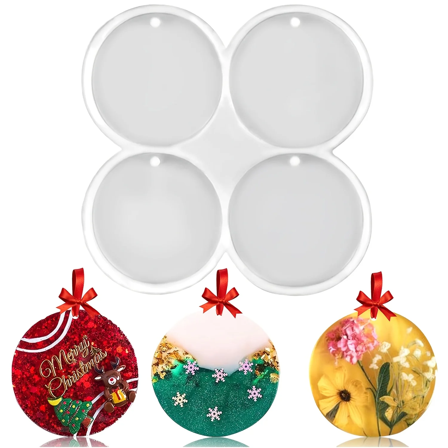 

1pc- Four-chamber Christmas decoration resin mold, perforated round pendant and tag silicone mold, DIY handicrafts, gifts, keych
