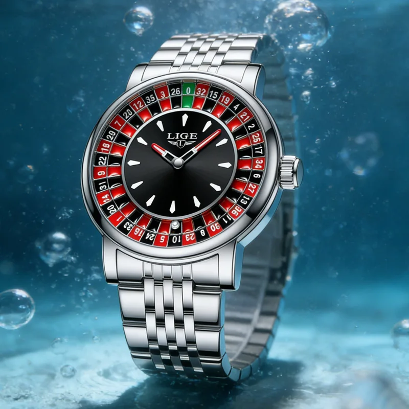 

Мужские часы LIGE с креативным циферблатом в виде рулетки, модные водонепроницаемые светящиеся кварцевые наручные часы с вращающимся шариком + коробка