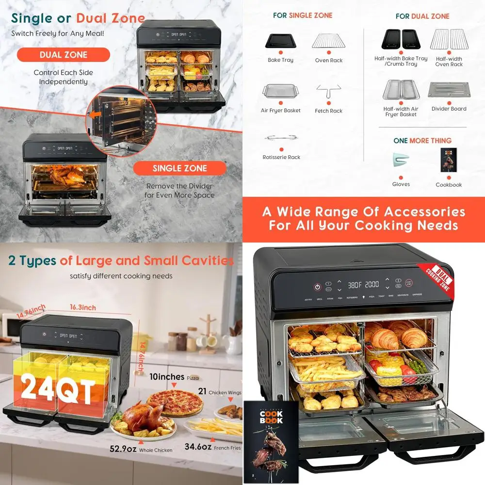 

Двухзонная фритюрница 10 в 1, 24 кварты, гриль, очень большая цифровая мини-духовка мощностью 1800 Вт, интерьер из нержавеющей стали, 360 ° Униформа H