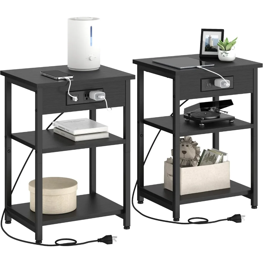 

End Tables Set of 2 with Charging Station USB Ports, 3 Tier Tall Night Stand with Storage Shelves, Record Player Stand Narrow Si
