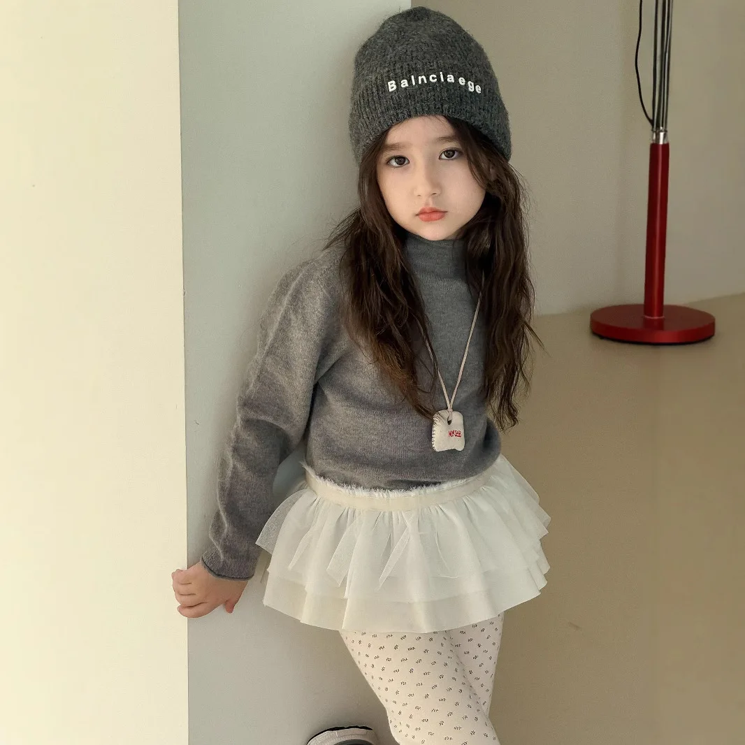 Girls Top 2024 Winter New Childrens Clothes Girls Baby Foreign Style Sweet Semi-turtleneck Casual Sweater Base Casual Simple