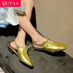 QUTAA 2023 Square Toe Women Flats Genuine Leather Working Lace Up Casual Shoes Woman 2023 Spring Summer Size 34-43