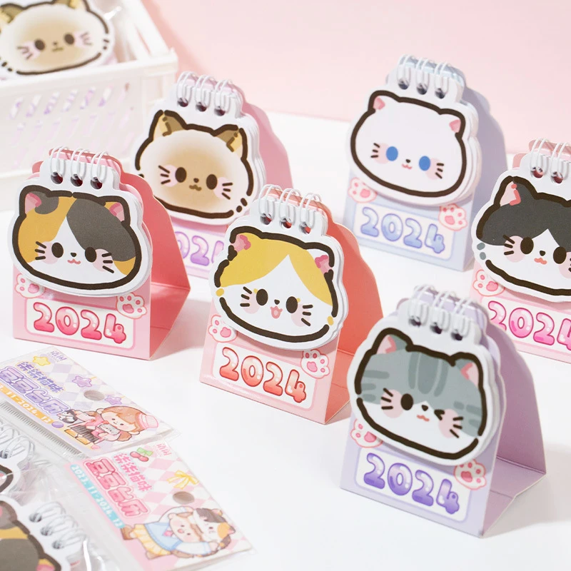 2024 Cartoon Cat Calendar Mini Calendar Decoration Gifts Portable Kawaii Calendar Office Desk Decoration Supplies