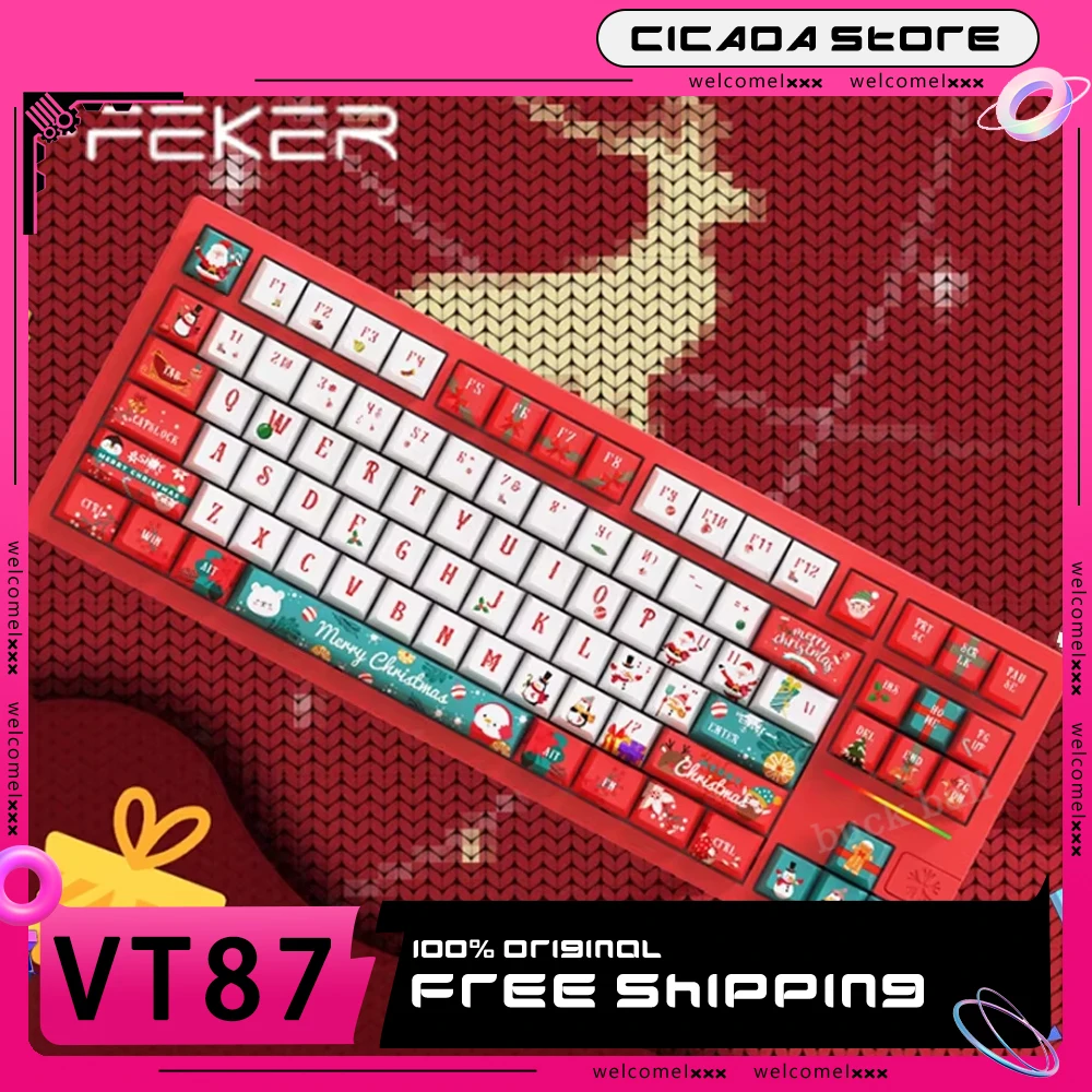 Feker VT87 Mechanical Keyboard Tri Mode Wireless Keyboard Christmas Limited Custom Aluminum Alloy Keyboard Xmas PC Accessories