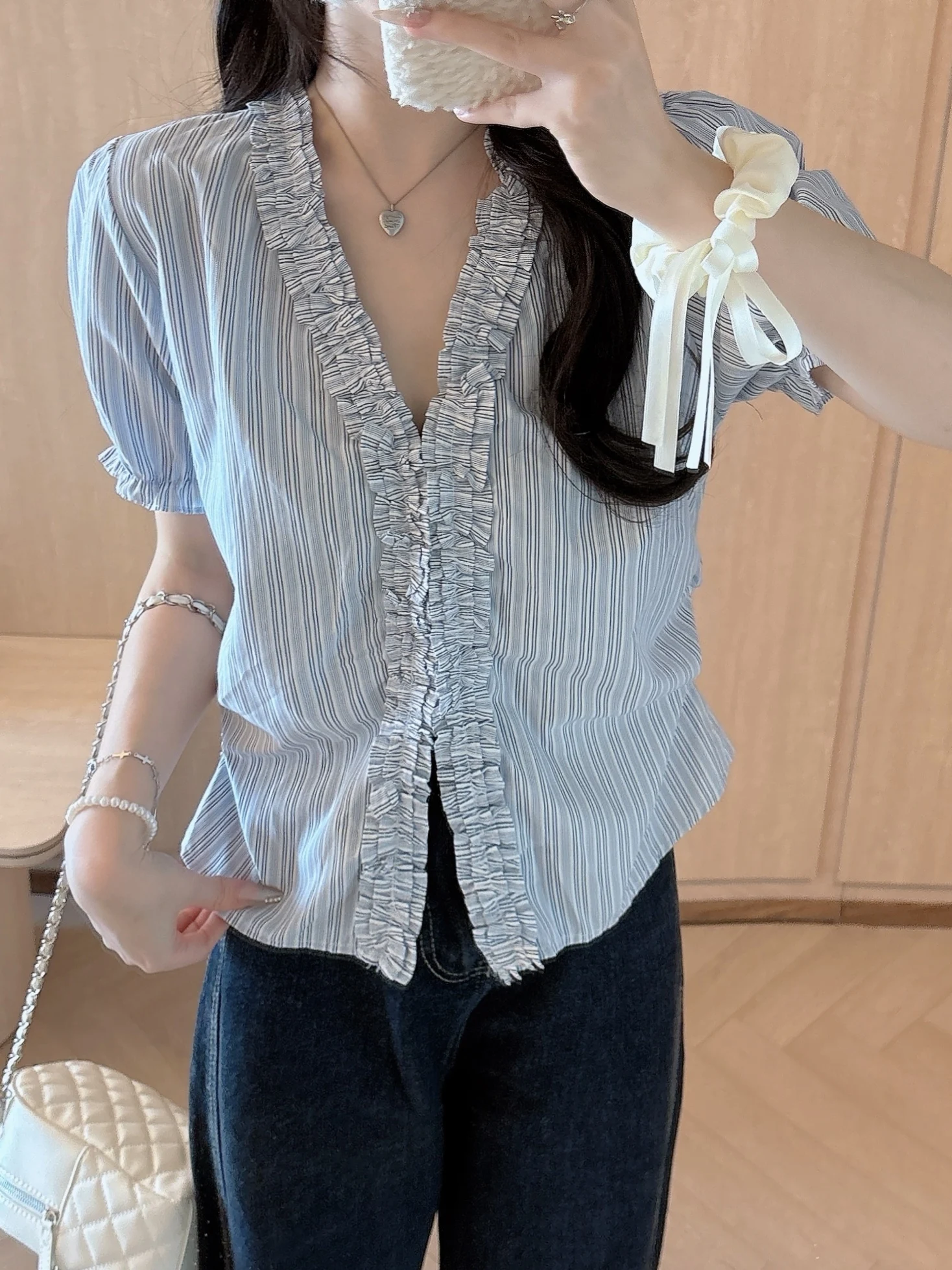 

Sweet Sle plus Size Women's irt V-Ne Puffy Sves Slim Fit High Waist Wood ain Summer New Faion Top