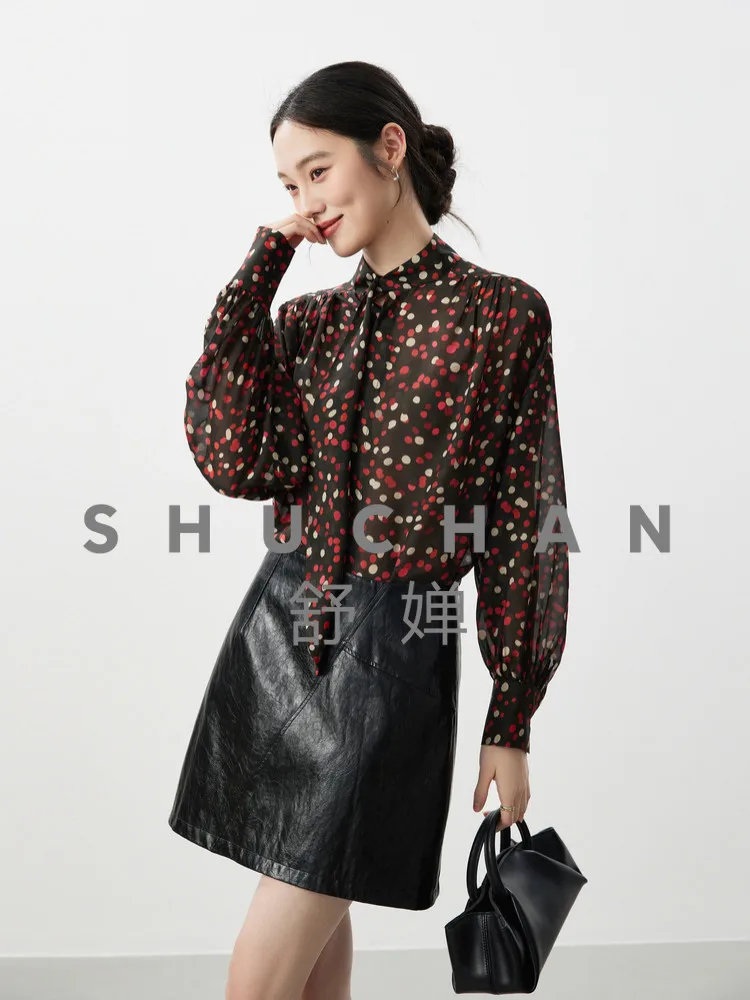 

[Banqing Capital] Aesthetic atmosphere 10 mmisang silk streamer collar printed shirt women's 2026 spring new
