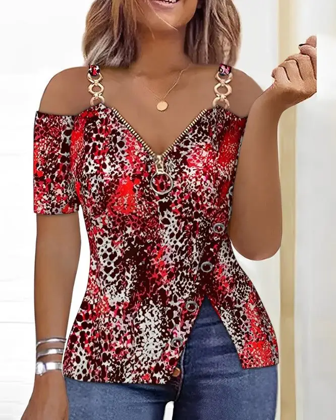 Leisure Summer New Product Women\'s Shirt 2023 Leopard Pattern Zipper Details Split Bottom Cold Shoulder Versatile Vintage Top