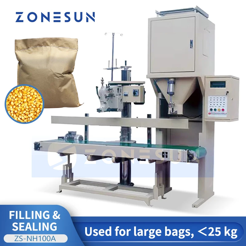 ماكينة تعبئة أكياس الحبوب السائبة من Zonesun ، ماكينة تعبئة ووزن الذرة ، نظام خياطة الأكياس الصناعية ،