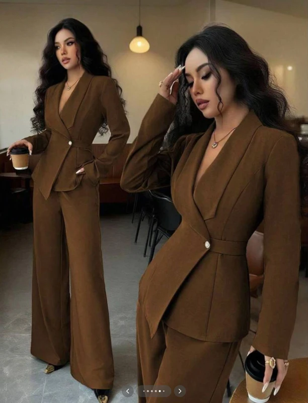Damen-Wickelblazer-Anzug, zweiteiliges Set, mit Gürtel, V-Ausschnitt, langärmelige Jacke, Hose mit weitem Bein, schmal geschnitten, elegant, formell, für Büro und Partys. – Detail 11