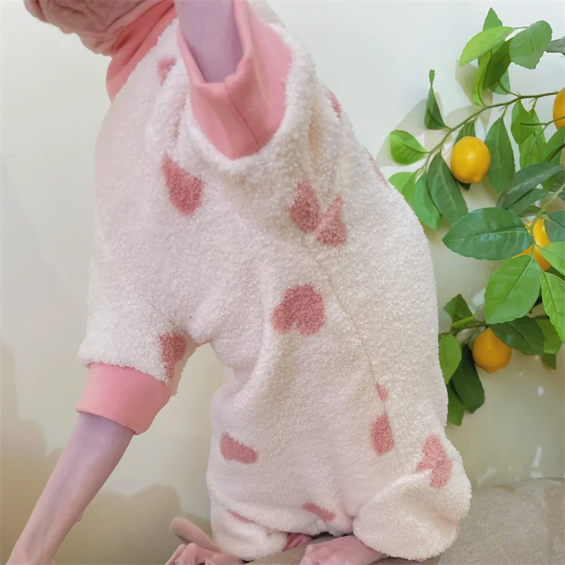 Pink Heart Warm Fleece Jumpsuit for Sphyinx Cat Plush Belly-wrapped Winter Sweater for Hairless Cat Spring Coat for Female Cat