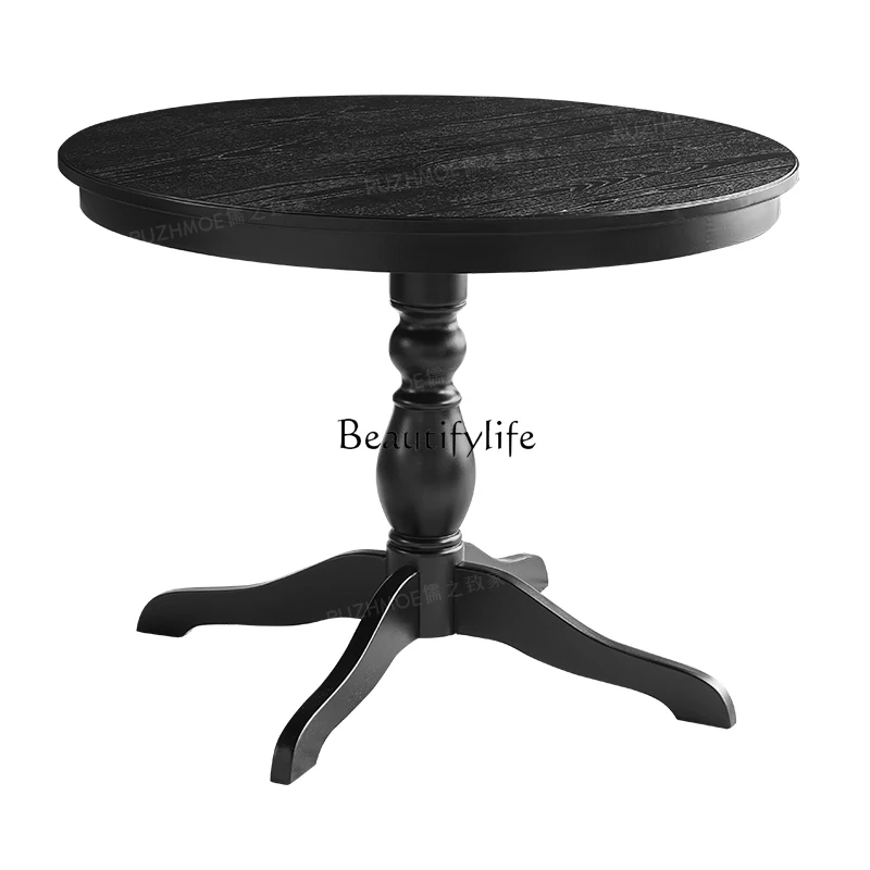 

Medieval French solid wood Medieval solid wood round table American dining table Small apartment black household