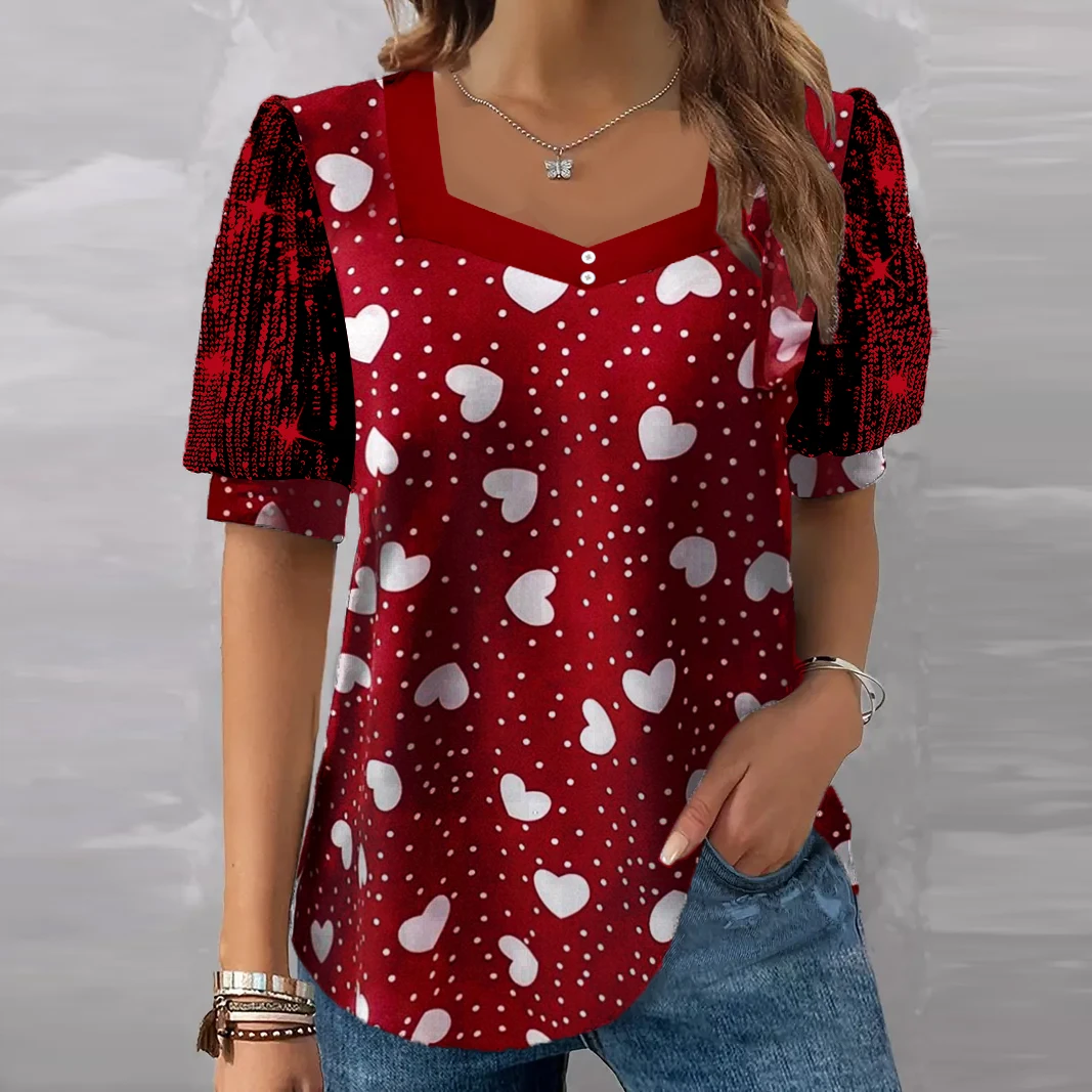 

Plus Size Women's Short Sleeve V-neck Graphic Printed Sequins Stitching Top