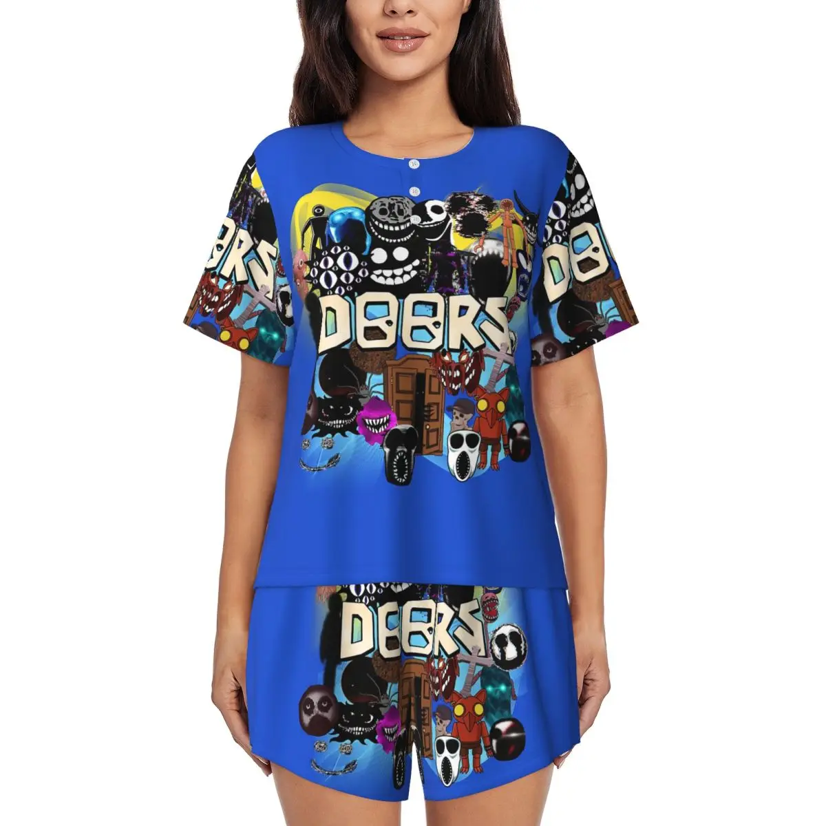 

Doors All The Entities New Doors Game Update Round Neck Short Sleeves Nightdress for Sleeping Women Soft Pajama Set Short Pants