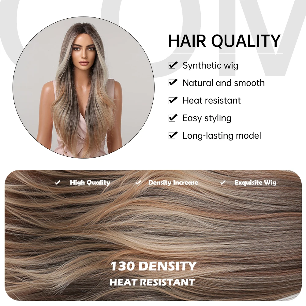 EASIHAIR Long Wavy Hairline Lace Wigs Copper Brown Highlight Blonde Synthetic Wigs for Women Daily Natural Heat Resistant Fiber