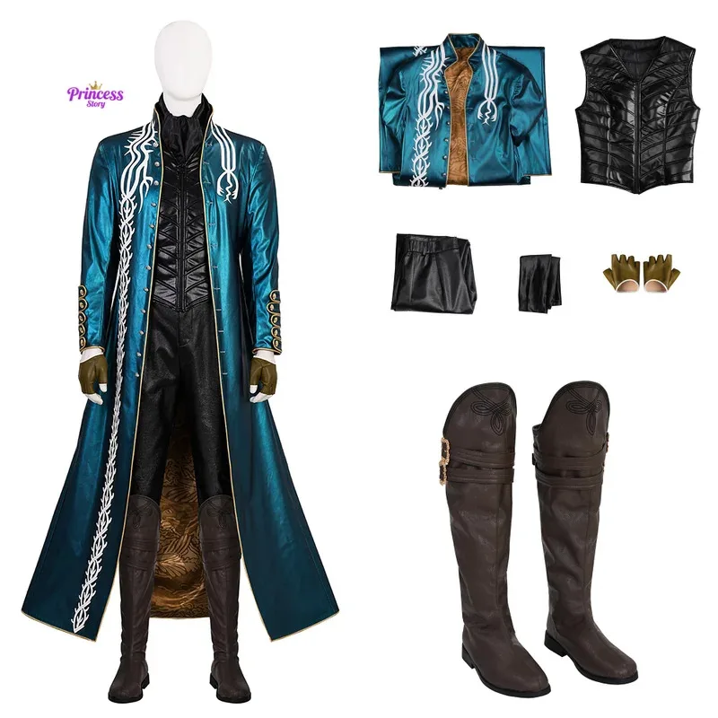 

Костюм для косплея игры DMC 3, синий кожаный плащ, жилет, брюки, полный комплект, ботинки Vergil, костюм высокого качества на заказ goi/6