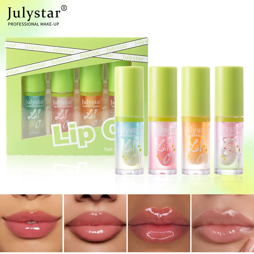 カンタロープ リップオイル 4本セット、保湿・潤い、大きなヘッドブラシ付きリップバーム、ミラー付き保湿、リップグロス、リップケア、ビューティー